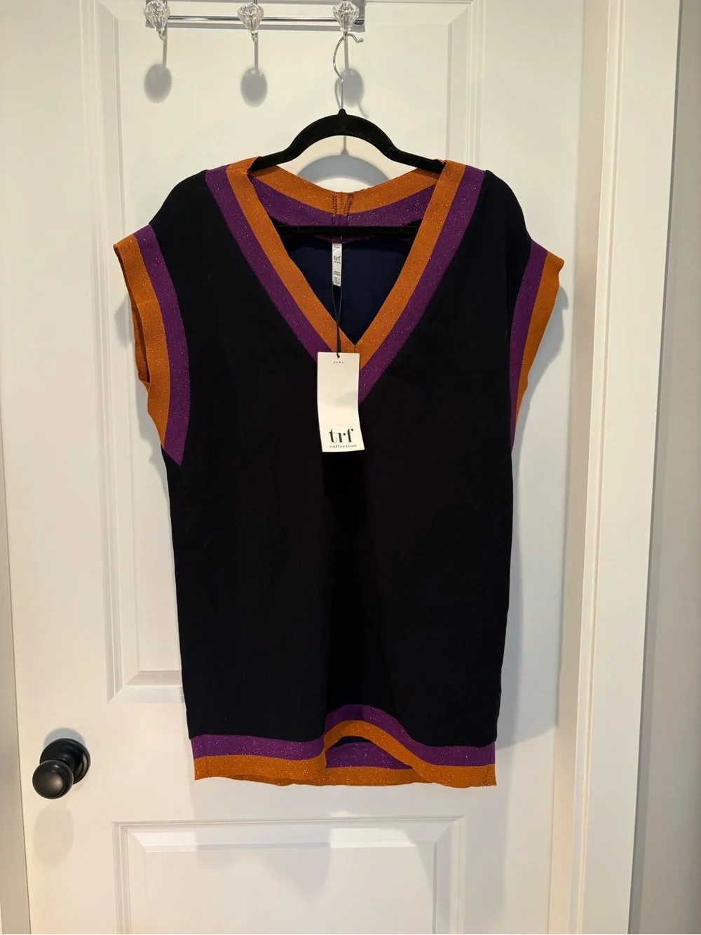 Zara Navy V-Neck Sweater Vest with Purple and Orange metallic stripe trim - Picture 2 of 9